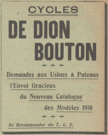 Cycles DE DION BOUTON -  Pubblicità D'epoca - 1910 Old Advertising - Pubblicitari