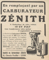 Carburateur ZENITH Pour 10 Cv FIAT - Pubblicità D'epoca - 1926 Old Advert - Advertising