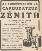 Carburateur ZENITH Pour 10 Cv FIAT - Pubblicità D'epoca - 1926 Old Advert - Pubblicitari