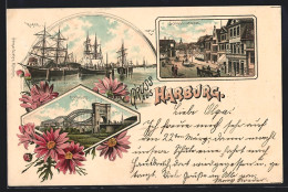 Lithographie Hamburg-Harburg, Elbbrücke, Hafen, Schloss-Strasse  - Harburg