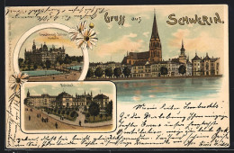 Lithographie Schwerin / Mecklenburg, Bahnhof, Grossherzogl. Schloss, Ortspartie Mit Kirche  - Schwerin