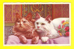 Animaux-154PH27  Deux Chats Allongés, Un Bouquet De Fleurs, Cpa  - Cats