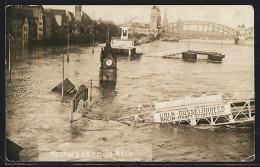 AK Köln, Hochwasser 1927, Überschwemmte Dampfanleger Und Turm Vor Brückenpanorama  - Floods