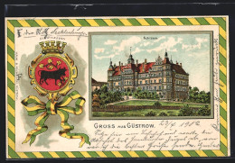 Passepartout-Lithographie Güstrow, Blick Auf Das Schloss, Wappen Mit Einem Stier  - Sonstige & Ohne Zuordnung