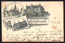 Lithographie Güstrow, Post, Schloss, Siegesdenkmal Und Landgericht  - Güstrow