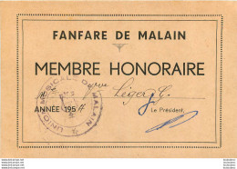 MALAIN LA FANFARE CARTE DE MEMBRE HONORAIRE MME LEGER GERMAINE FORMAT 12 X 8 CM - Other & Unclassified