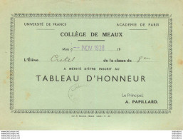 COLLEGE DE MEAUX TABLEAU D'HONNEUR  ELEVE CRETEL PIERRE  1938 - Diplômes & Bulletins Scolaires