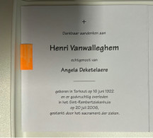 Devotie DP - Overlijden Henri Vanwalleghem Echtg Deketelaere - Torhout 1922 - 2006 - Obituary Notices