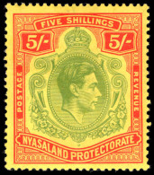 Nyasaland 1938-44 5s Pale Green And Red On Yellow Chalky Paper Lightly Mounted Mint. - Nyasaland (1907-1953)