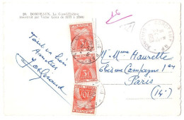 BORDEAUX Gironde Carte Postale - De 5 Mots NON AFFRANCHIE Ob 24 6 1953 Dest Paris Taxe 16 F Gerbes 3 F 10 F Yv 83 86 - 1859-1959 Cartas & Documentos