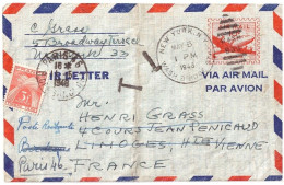 PARIS 46 Entier Carte Lettre USA Air Mail 10c Ob 1948 Dest France Limoges Bordeaux TAXE POSTE RESTANTE 3F Gerbes Yv T 86 - 1859-1959 Briefe & Dokumente