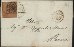 ASI -1852 - STATO PONTIFICIO - Lettera Da Perugia A Narni, Affrancata Con Un 3 Bay Bistro Arancio.Catalogo Sassone N. 4 - Etats Pontificaux