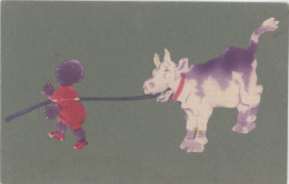 Velvet Card Black Boy Driving A Cow . Rope . Velours Corde Petit Noir Et Sa Vache - Koeien