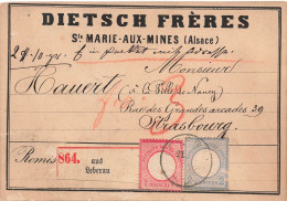 CARTON. DIETSCH FRERES. Ste MARIE-AUX-MINES (ALSACE ). POUR STRASBOURG - Lettres & Documents