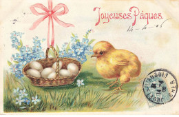 JOYEUSES PAQUES #FG37998 POUSSIN ET PANIER D OEUFS FLEURS MYOSOTIS GAUFREE - Easter