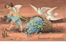 ANGES #MK41609 SOUHAITS SINCERES UN ANGE ANGELOT QUI TIRE UN PANIER DE FLEURS MYOSOTIS OISEAUX COLOMBES - Angeles