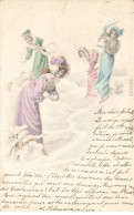 ILLUSTRATEURS #MK41673 FEMMES EN ROBES VIOLET VERT ROSE ET BLEU SUR LA NEIGE PAR ILLUSTRATEUR TYPE VIENNE - Zonder Classificatie