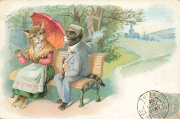 CHATS #MK39970 DEUX CHATS HUMANISER HABILLE ASSIS SUR UN BANC ROBE COSTUME PARAPLUIE PAYSAGE STATUE PAR ILLUSTRATEUR - Chats