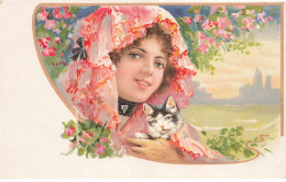 CHATS #MK39849 UNE FILLE ET SON CHAT FLEURS DECOR ART NOUVEAU PAR ILLUSTRATEUR - Chats