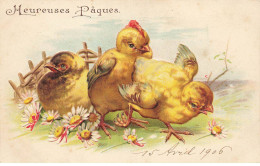 FETES VOEUX #MK46747 HEUREUSES PAQUES TROIS POUSSINS FLEURS - Easter