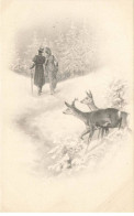 ILLUSTRATEURS #MK44874 HOMME ET FEMME MARCHANT SUR LA NEIGE ET DEUX BICHES PAR ILLUSTRATEUR M . M VIENNE - Vienne