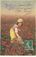 FLEURS #MK45949 BONNE FETE CHAMPS DE COQUELICOTS ET PETITE FILLE CHASSE AUX PAPILLONS - Flowers