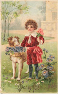 CHIENS #MK46731 BONNE FETE GARCON ET UN CHIEN PANIER FLEURS - Hunde