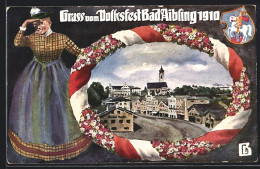 Künstler-AK Ganzsache Bayern PP15C183: Bad Aibling, Volksfest 1910, Strassenpartie, Frau In Tracht, Wappen  - Briefkaarten