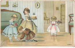 ILLUSTRATEUR #SAN47052 EBNER ENFANT AIDANT A ATTACHER SES CHAUSSURES ENFANTS AVEC UN GATEAU ET FLEURS - Ebner, Pauli