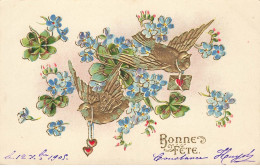 FETES #SAN47199 BONNES FETES OISEAUX PORTANT UNE ENVELOPPE ET DES COEURS FLEURS MYOSOTIS - Autres & Non Classés