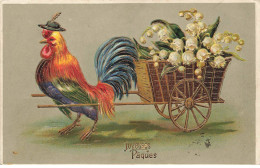 FETE  #SAN47183 PAQUES COQ TIRANT UNE BROUETTE REMPLIE DE MUGUET JOYEUX PAQUES - Easter