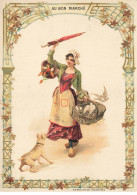 CHROMO #MK41285 AU BON MARCHE FEMME AVEC PARAPLUIE PANIER OISEAUX ET UN CHIEN SIRVEN - Au Bon Marché