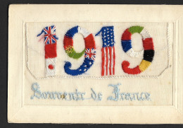 CARTE BRODEE  Militaire 1919 Souvenir De France Avec Petite Carte Illustrée - Brodées