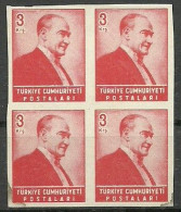 Turkey; 1955 Regular Stamp 3 K. ERROR "Imperf. Block Of 4" - Nuovi