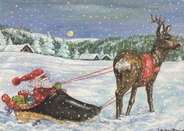 PAPÁ NOEL Feliz Año Navidad CIERVOS Vintage Tarjeta Postal CPSM #PBB195.ES - Santa Claus