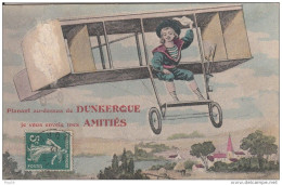 Cpa Ak Pk 59 Fantaisie DUNKERQUE Planant Au Dessus De Dunkerque Je Vous Envoie Mes Amitiés Avion Biplan Enfant - Dunkerque