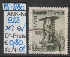 1952 - ÖSTERREICH - FM/DM "Österr. Volkstrachten"  7 S  Olivgrau -  O Gestempelt - S. Scan  (922o 01-05    At) - Used Stamps