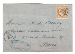 N° YT 38 Sur Lettre De Paimpol Pour Paris 1875  Cachet Convoyeur Brest à Paris - 1871-1875 Ceres