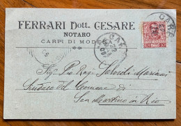 NOTAIO FERRARI DR. CESARE  - CARPI DI MODENA 22/3/1906  - CARTOLINA AUTOGRAFA PER SAN MARTINO IN RIO - Storia Postale