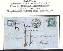 ETOILE MUETTE, Paris Pour Nîmes 1855Aff 20c N° 14 Type I, Bleu Laiteux, Affranchissement Insuffisant Taxée 4D Puis 8D,TB - 1849-1876: Periodo Classico