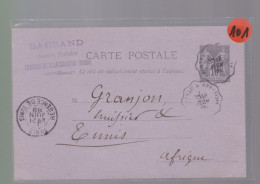 Entier Postal   10 C  Type Sage   Sur Carte Postale   Année 1889 Pour Tunis  Cachet Convoyeur Station - 1877-1920: Semi-moderne Periode