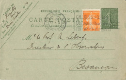 ENTIER SEMEUSE 15C 130-CP1 DATE 727 + COMPLEMENT 5C PARIS 17/10/1921 POUR BESANCON - Standard Postcards & Stamped On Demand (before 1995)