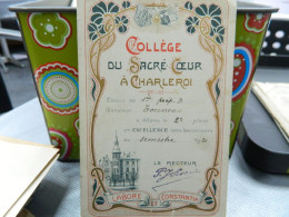 CHARLEROI: COLLEGE DU SACRE COEUR A CHARLEROI CARTE D'EXCELLENCE  DE M.TONNEAU EN 1920-DECOR ART NOUVEAU - Diploma & School Reports