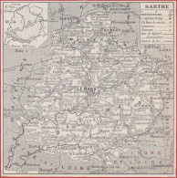 Carte Du Département De La Sarthe (72), Préfecture, Sous Préfecture, Chef Lieu ... Chemin De Fer. Larousse 1948. - Documents Historiques