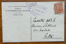 AVV. BRUNO CUTRI' - FIRENZE - CARTOLINA AUTOGRAFA PER CITTA' CON PARMEGGIANI 15 C. Il 9/2/1930 - Storia Postale