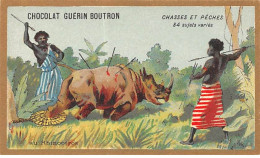 Chromos -COR10601 - Chocolat Guérin-Boutron- Chasses Et Pêches- Rhinocéros -Chasseurs - 6x10 Cm Env. - Guerin Boutron