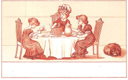 Chromos - COR14393 - Filles - Table - Chaises - Chien - Gâteau - 11x7 Cm Environ - En L'état - Otros & Sin Clasificación