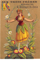 Chromos - COR14000 - Aux Trois Frères - Femme - Fleurs - Papillon - Fond Or - 9x6 Cm Environ - En L'état - Autres & Non Classés