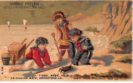 Chromos - COR14189 - Chocolat Poulain - Garçons - Fille - Plage - Fond Or - 10x6 Cm Environ - En L'état - Poulain