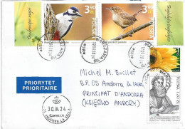 2024.Passereaux De Pologne (Troglodyte Eurasien & Pic épeiche), Letter Poland To Andorra, With Local Arrival Postmark - Covers & Documents